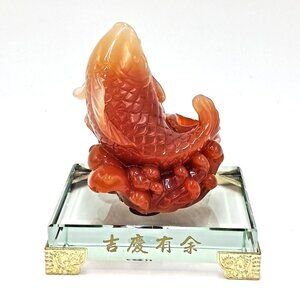 Vintage Chinese Carnelian Style Carved Koi Fish Statue -  Feng Shui Abundance